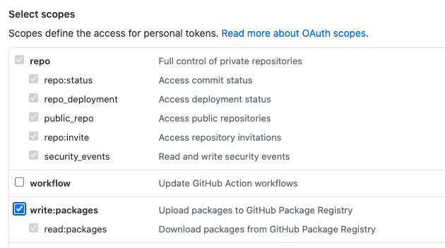 “write:packages” will automatically select the others.